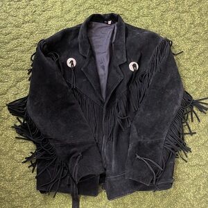 Vintage Black Suede Fringe Jacket with Conchos